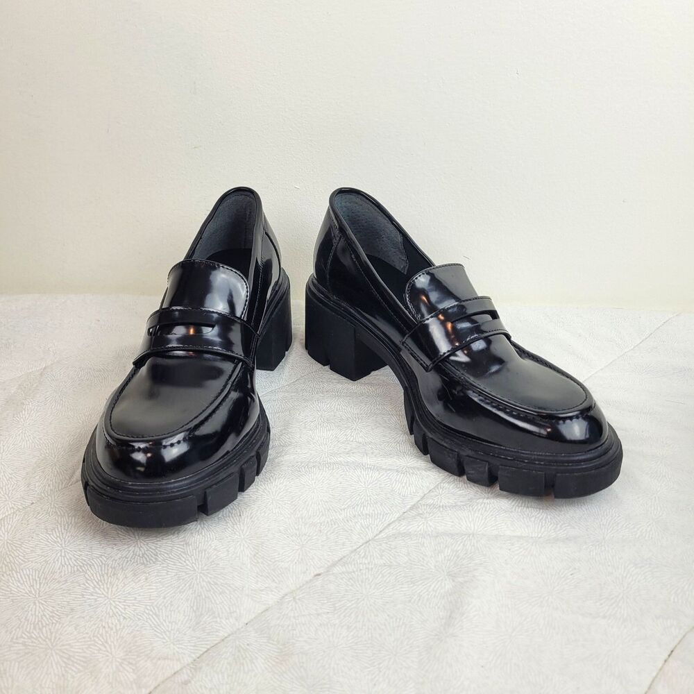 SINCERELY JULES Womens Loafers Sz 8 Black Dylan Chunky Faux Patent Leather Goth